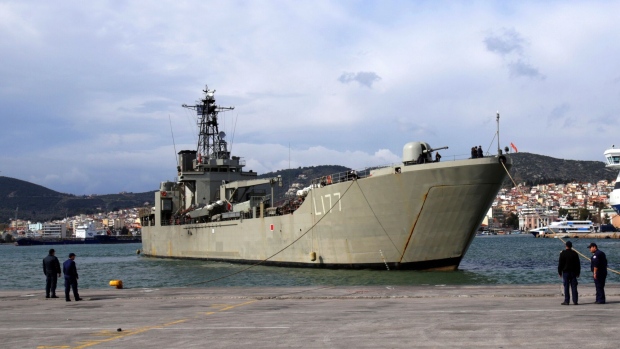 <p>A Greek navy carrier docks in the port of Mytilene on the island of Lesbos.</p>