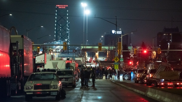 Protesters block access to the Ambassador Bridge during a demonstration in Windsor, Ontario, in February 2022.