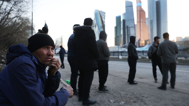 Central Asian migrants in Moscow, in April. Photographer: Contributor/Getty Images