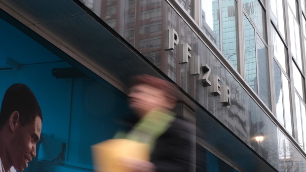 Pfizer headquarters in New York, US, on Wednesday, March 1, 2023. The Wall Street Journal reported that Pfizer is in early-stage talks to acquire the cancer therapy developer, Seagen. Photographer: Bess Adler/Bloomberg
