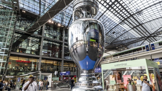 <p>A UEFA Euro 2024 trophy istallation at Hauptbahnhof station in Berlin.</p>, Photographer: Maja Hitij/Getty Images