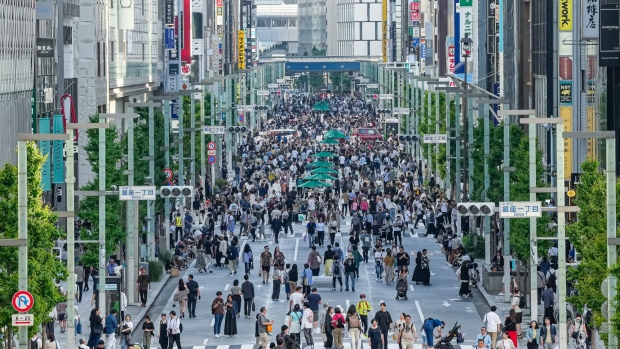 <p>A pedestrian zone in the upscale shopping district of Ginza in Tokyo, Japan,.</p>