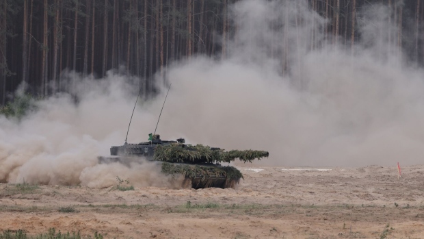 <p>A German Army Leopard 2 battle tank during a NATO military exercise in Pabrade, Lithuania on May 29.</p>