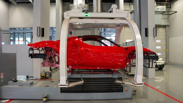 A body of a Ferrari on the production line at the new E-building factory in Maranello, Italy, on June 21.