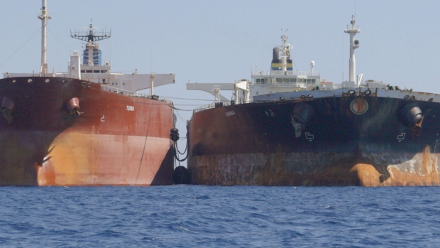 The Turba, now renamed the Robon, left, and Simba tankers in the Laconian Gulf, Greece, on Sept. 19.