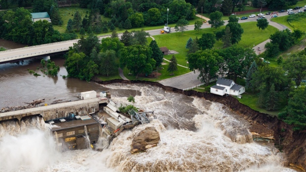 High water levels at the Rapidan Dam on the Blue Earth River in Mankato, Minnesota, US, on Monday, June 24, 2024.  Photographer: Ben Brewer/Bloomberg
