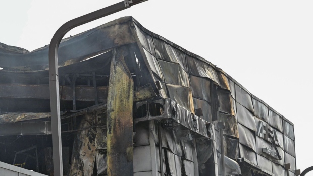 The damaged exterior of the battery factory after a fire in Hwaseong on June 24. Photographer: Anthony Wallace/AFP/Getty Images