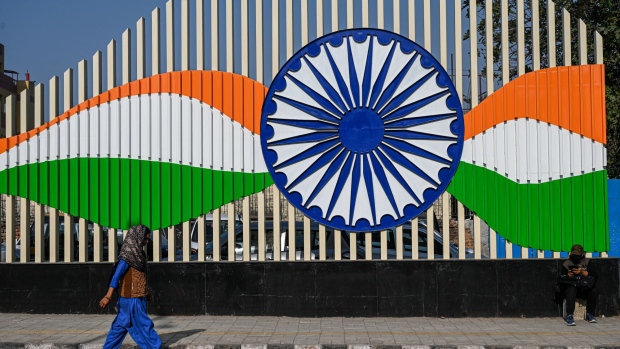 A sculpture of Indian flag motifs in New Delhi, India, on Thursday, March 2, 2023. Russias war in Ukraine is expected to dominate discussions at the Group of 20 foreign ministers meeting started on Wednesday in New Delhi as the conflict enters its second year.