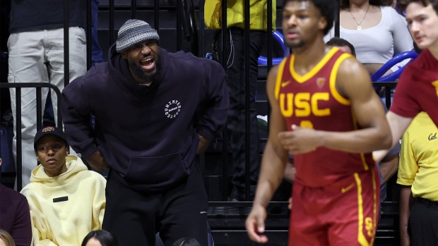 LeBron James shouts to his son, Bronny James of the USC Trojans, during a game in February. Photographer: Ezra Shaw/Getty Images