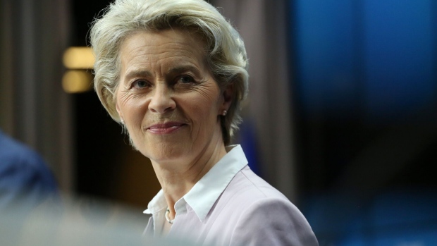 Ursula von der Leyen, president of the European Commission, at a news conference on day one of the European Union (EU) leaders summit at the European Council headquarters in Brussels, Belgium, on Thursday, June 23, 2022. European Union leaders granted Ukraine candidate status that moves it closer to the war-torn nation’s long-sought goal of joining the Western bloc.