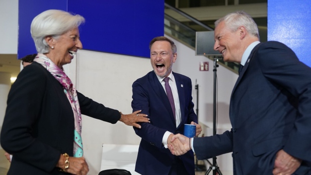 Christine Lagarde, president of the European Central Bank (ECB), left, Christian Lindner, Germany's finance minister, and Bruno Le Maire, France's finance minister, right, during an informal meeting of European Union (EU) economic and financial affairs ministers in Santiago de Compostela, Spain, on Friday, Sept. 15, 2023. The European Union’s next contest for a top job risks turning into a showdown between its two key Mediterranean powers staking rival claims to status and influence within the bloc. Photographer: Paul Hanna/Bloomberg
