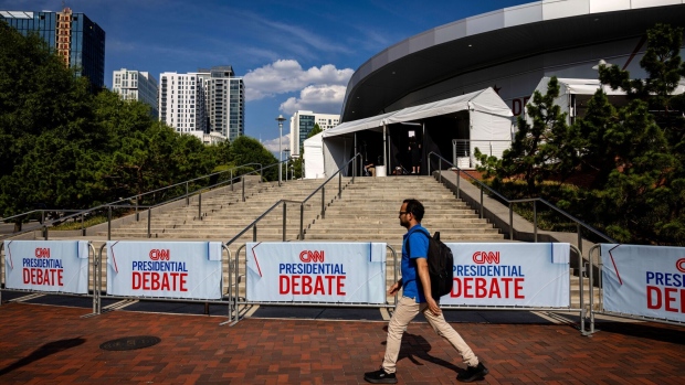 <p>Signage outside of the first presidential debate in Atlanta, Georgia, on June 26.</p>
