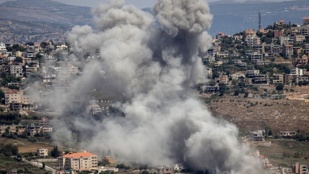 An Israeli strike against a Hezbollah target in the Khiam region of southern Lebanon, on June 25. Photographer: Chris McGrath/Getty Images