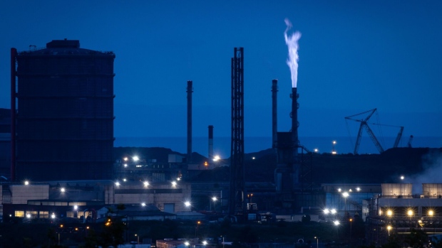 Emissions being released by a chimney at the steel plant, operated by Tata Steel Ltd., in Port Talbot, UK, on Wednesday, Aug. 17, 2022. Europe's heavy industry is buckling under surging power costs which are hitting energy-intensive manufacturers the hardest.