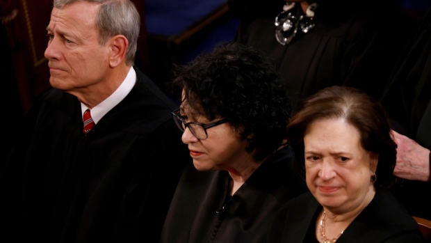 John Roberts, chief justice of the US Supreme Court, from left, Sonia Sotomayor, associate justice of the US Supreme Court, and Elena Kagan, associate justice of the US Supreme Court, during a State of the Union address at the US Capitol in Washington, DC, US, on Thursday, March 7, 2024. Election-year politics will increase the focus on Bidens remarks and lawmakers reactions, as hes stumping to the nation just months before voters will decide control of the House, Senate, and White House. Photographer: Julia Nikhinson/Bloomberg