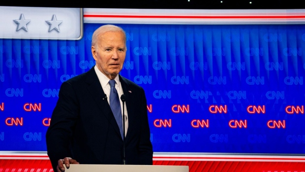 US President Joe Biden during the debate with former US President Donald Trump, not pictured, in Atlanta, Georgia, US, on Thursday, June 27, 2024. Biden and Trump are facing off for their first 2024 debate, a high-stakes opportunity to break through to politics-weary Americans and one that holds the potential for disastrous missteps.