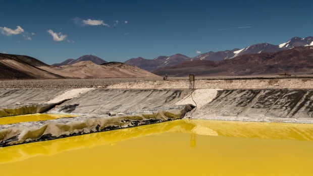 Brine evaporation pools at the Tres Quebradas lithium project in Catamarca province, Argentina, in December 2021.