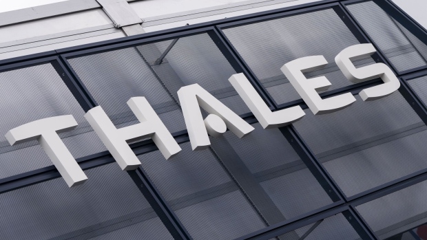 A Thales SA logo at the Eurosatory Defense and Security expo in Paris, France, on Tuesday, June 18, 2024. Eurosatory is a global event for defense and security manufacturers held every two years in Paris. Photographer: Nathan Laine/Bloomberg