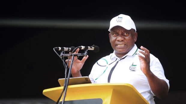 Cyril Ramaphosa, South Africa's president, speaks during the African National Congress (ANC) party manifesto launch in Durban, South Africa, on Saturday, Feb. 24, 2024. South Africa’s ruling African National Congress said it will step up efforts to create jobs, grow the economy and increase access to welfare grants and health care as it kicked off its campaign for an election that will the sternest test yet of its three decades in power. Photographer: Leon Sadiki/Bloomberg