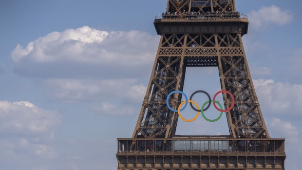 <p>The Olympic rings on the Eiffel Tower in Paris.</p>