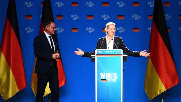 Alice Weidel speaks on the last day of Germany’s Alternative for Germany (AfD) party congress in Essen, Germany on June 30. Photographer: Volker Hartmann/AFP/Getty Images