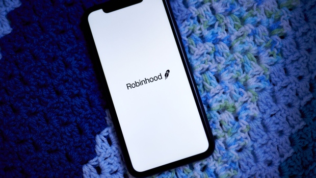 The Robinhood logo on a smartphone arranged in the Brooklyn borough of New York, US, on Monday, May 8, 2023. Robinhood Markets Inc. is scheduled to release earnings figures on May 10.