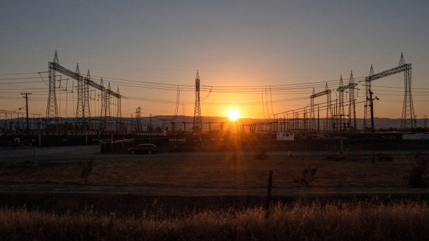 <p>Electrical transmission towers at a Pacific Gas and Electric electrical substation in Vacaville, California.</p>