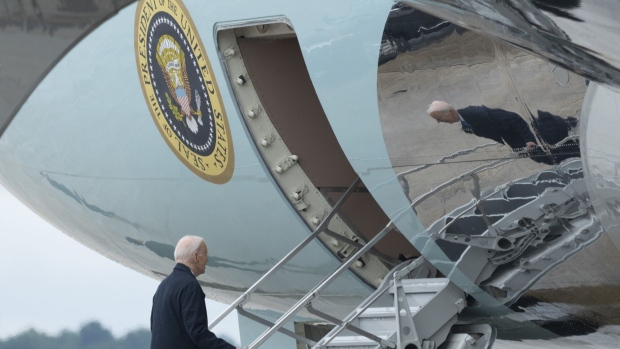 US President Joe Biden boards Air Force One at Joint Base Andrews, Maryland, US. Photographer: Chris Kleponis/CNP/Bloomberg